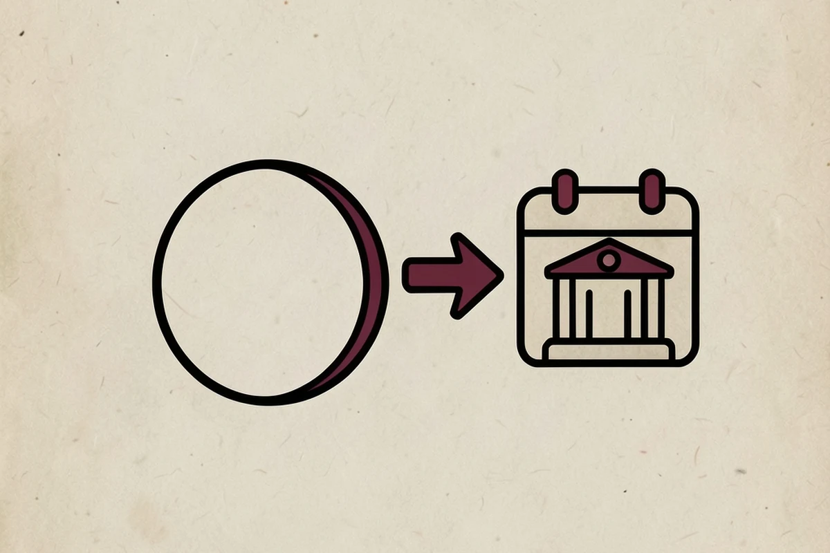 A single coin shape with a small calendar icon beside it and an arrow leading to a bank building icon, representing a held asset eventually being withdrawn